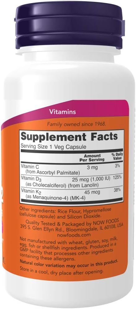 NOW Foods Vitamine D-3 et K-2, 120 gélules végétales (paquet de 2)