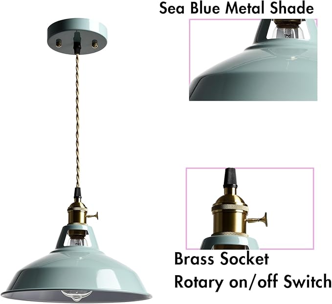 CLAXY Modern Pendant Light Kitchening Hanging Light Fixture Sea Blue Dome Shade with Adjustable Height Pendant with Switch for Bar Loft Bedroom Dining Restaurant