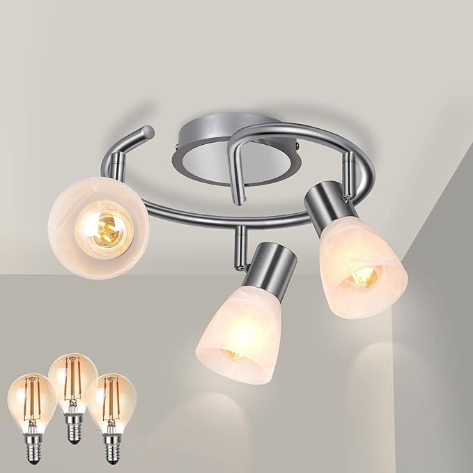 HiBay 3-Light Ceiling Light Fixture, Modern Sliver Adjustable LED Track Lighting Round Spot Lights, Directional Spotlight with Glass Shade for Kitchen Bedroom, Incl 3× 4W E12 Bulbs