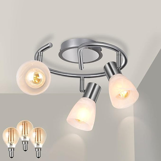 HiBay 3-Light Ceiling Light Fixture, Modern Sliver Adjustable LED Track Lighting Round Spot Lights, Directional Spotlight with Glass Shade for Kitchen Bedroom, Incl 3× 4W E12 Bulbs