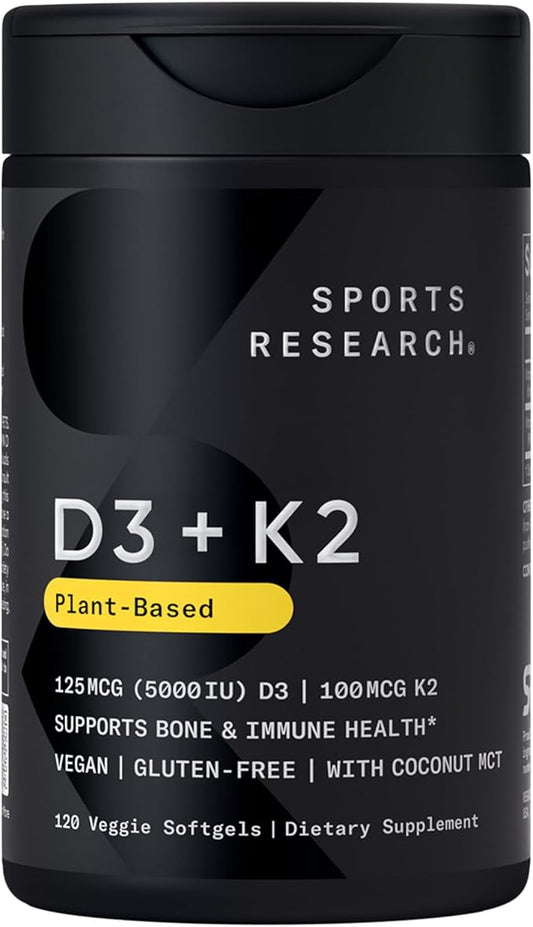 Sports Research Vitamine D3 K2 avec 5 000 UI de D3 Végétalienne et 100 µg de Vitamine K2 sous forme de MK7 | Vérifié sans OGM, Certifié Végétalien, Sans Gluten et Sans Soja - 60 Gélules Liquides