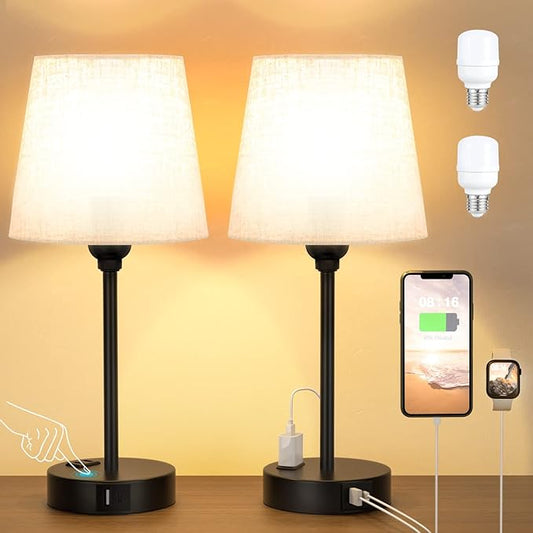 Mini Bedside Lamps for Bedrooms Set of 2 - Nightstand Bedroom Lamps with USB C Port and AC Outlet Charging, Dimmable Touch Small Bed Side Table Lamp, Black Night Stand Light for Kids/Guest Room