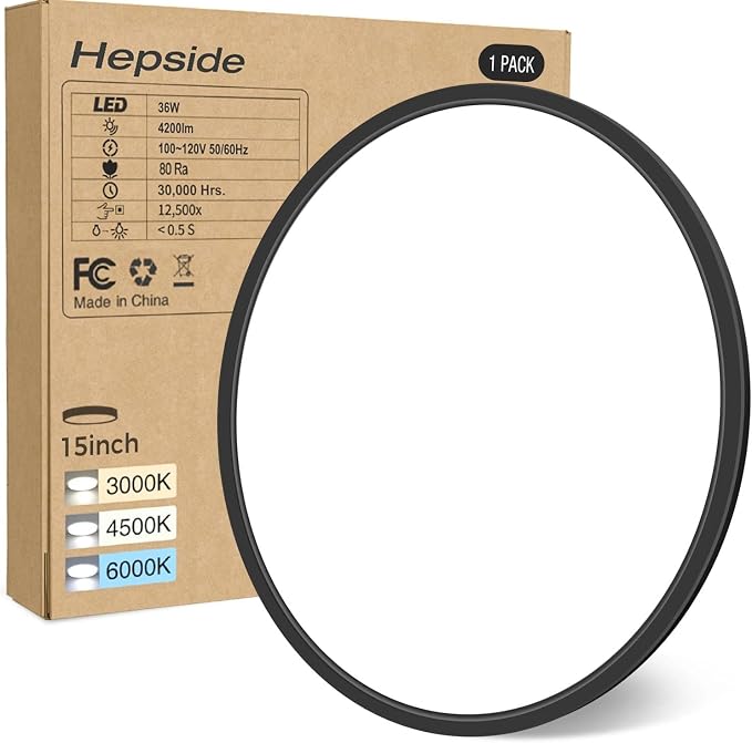 hepside 15.8INCH Big Dimmable Flush Mount Ceiling Light Fixture Black, 3CCT 3000/4500/6000K Ceiling Lamp, 36W 4200LM Super Bright Low Profile Light for Bedroom, Kitchen, Bathroom, Hallway