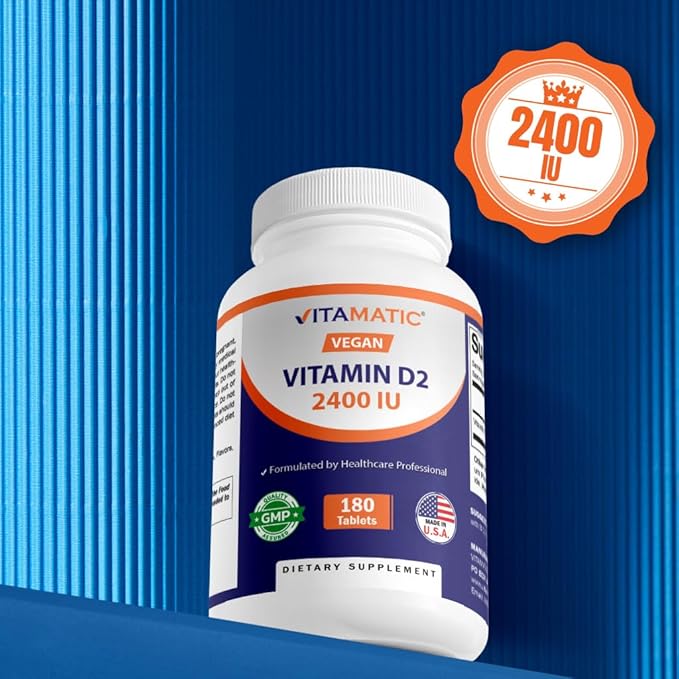 Vitamatic ビタミンD2 60mcg（2400IU）- エルゴカルシフェロール - 180ベジタリアンタブレット (180錠 (1個パック)) (1本)