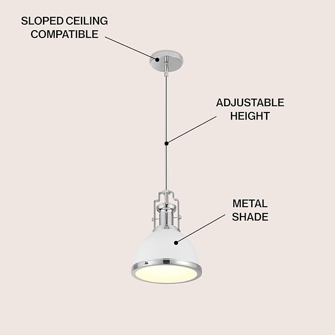 JONATHAN Y 10" Chrome/White Modern Industrial Iron LED Dome Pendant Light, Adjustable Hanging Fixture for Kitchen Island or Entryway, White Metal Shade, LED Bulb Included (JYL9535C)