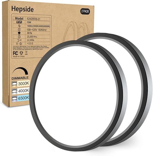hepside 2Pack Dimmable Flush Mount Ceiling Light Fixture Black, 3000/4000/6500K Ceiling Lamp, 7.5INCH 15W 1500LM Low Profile Light for Bedroom, Kitchen, Bathroom, Hallway