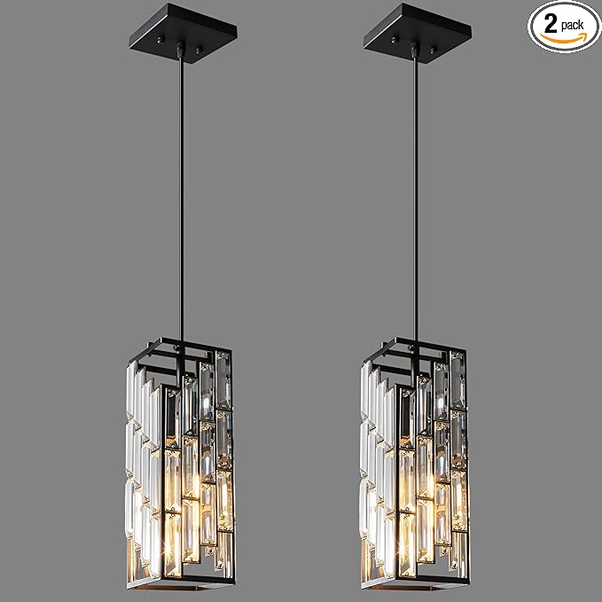 Black Pendant Lighting Modern Pendant Light, Mini Crystal Chandeliers,Adjustable Pendant Light Fixture for Kitchen Island Dinning Room Bedroom (2 Pack)