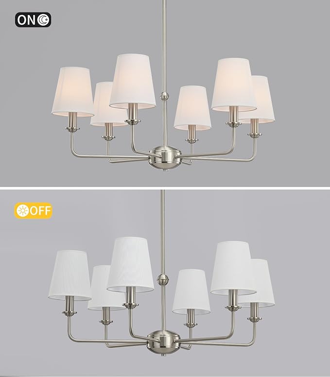 6-Light Brushed Nickel Chandelier with White Fabric Shades, E12 Base Modern Farmhouse Ceiling Light Fixture for Dining Room, Living Room, Bedroom, Kitchen, Foyer, Adjustable Hanging Rod.