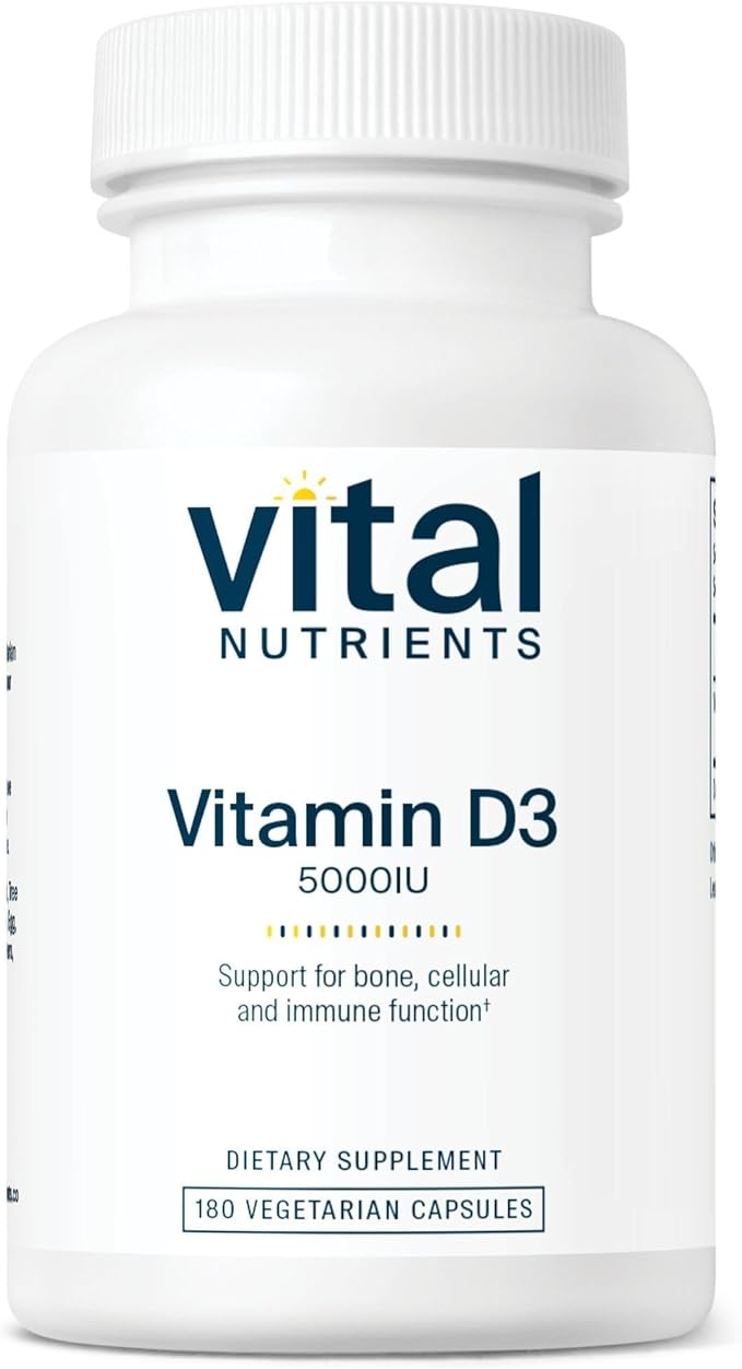Vitamine D 5000 UI Vital Nutrients - Supplément de Vitamine D3 - Os, Dents, Muscles en pleine santé* - Fonction cellulaire et immunitaire - Absorption du calcium - Sans gluten, produits laitiers et soja - 180 Gélules