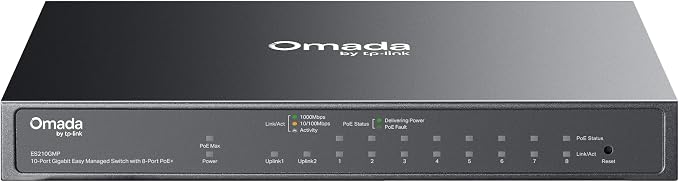 TP-Link Omada 8 Port Gigabit Easy Managed, PoE Switch, 123W Budget, PoE+ Compliant, Up to 250m PoE Distance, Auto Recovery, VLAN, Auto Loop Prevention, Fanless, Managed by Omada(ES210GMP)
