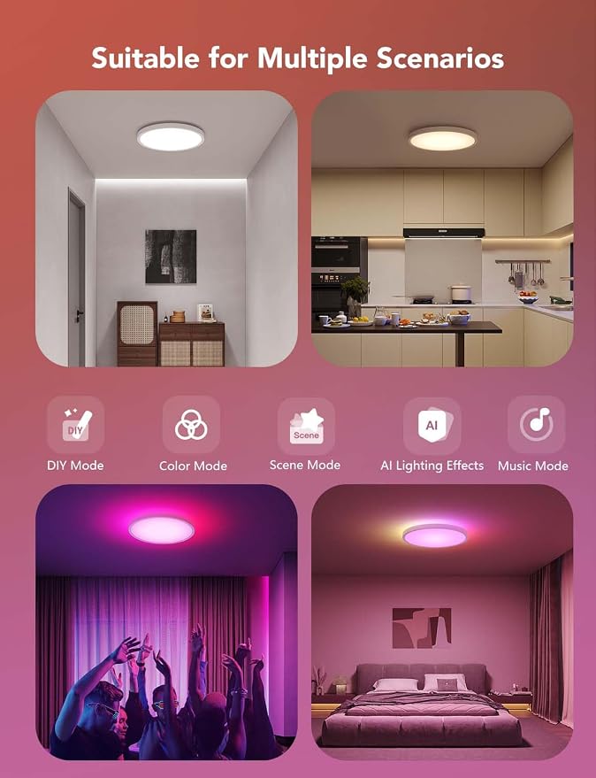 Govee Smart Ceiling Light, RGBIC LED Ceiling Light Fixture, 2400LM Flush Mount Light Fixture, DIY Colors, Works with Matter Alexa, 2700K-6500K Lights for Bedroom, Living Room,12 Inch, 1 Pack (White)