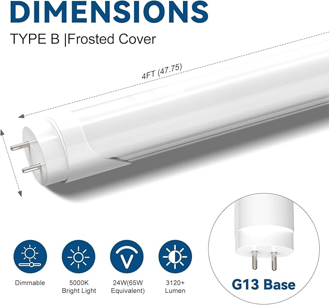 JESLED Dimmable T8 LED Type B Light Bulbs 4 Foot, 3120+Lumens, 5000K Daylight White, 24W (65W Equivalent), 4FT Fluorescent Tube Replacement, Ballast Bypass, Dual Ended Power, Frosted,12-Pack