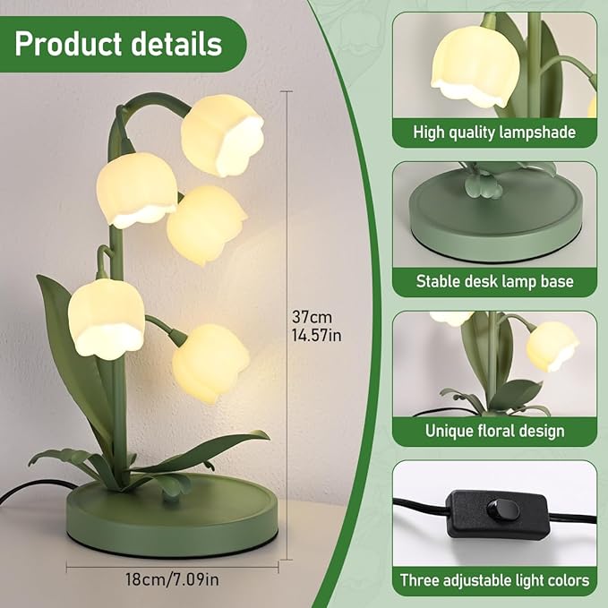 Flower Table Lamp for Bedroom,3 Colors Flower Reading Light with 5 Lily of The Valley, Cute Desk Lamp Bedside Lamps for Nightstands Home Decor,Soft Reading Night Light for Bedroom Living Room Office