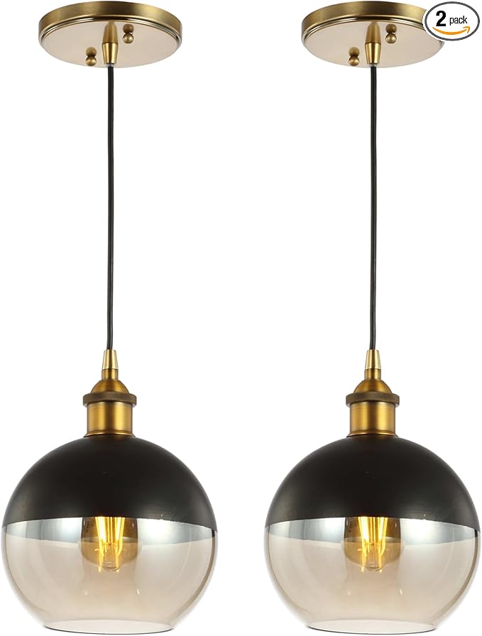 JONATHAN Y 7.5" Brass Gold/Black 1-Light Mid-Century Modern Globe Pendant Light, Adjustable LED Hanging Ceiling Fixture, Champagne Smoked Glass Shade for Kitchen Island (JYL3513A-SET2)