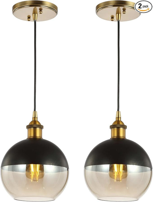 JONATHAN Y 7.5" Brass Gold/Black 1-Light Mid-Century Modern Globe Pendant Light, Adjustable LED Hanging Ceiling Fixture, Champagne Smoked Glass Shade for Kitchen Island (JYL3513A-SET2)