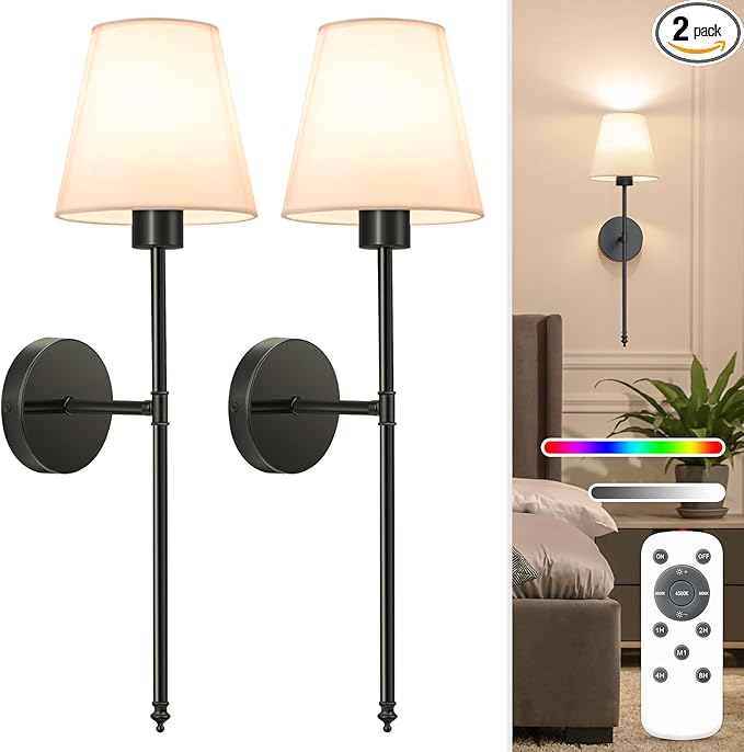 NIORSUN Battery Operated Wall Sconce Set of 2,Black Rechargeable Wall Lights with 10400mAh Dimmable Bulbs and Remote,10 Colors Wireless Wall Lamps for Bedroom Living Room Hallway Decor