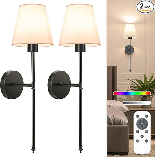 NIORSUN Battery Operated Wall Sconce Set of 2,Black Rechargeable Wall Lights with 10400mAh Dimmable Bulbs and Remote,10 Colors Wireless Wall Lamps for Bedroom Living Room Hallway Decor
