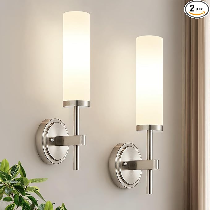[Hardwired] Wall Sconces Set of Two, Brushed Nickel Bathroom Sconces with Milky White Glass, Modern Wall Light Fixtures for Bathroom Mirror Vanity, Living Room, Hallway, Stairway, Cabinet, Foyer