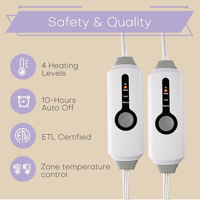 Electric Heated Blanket King Size 90"x100", Dual-Sided Coral Fleece & Sherpa Fabric, 4 Heat Settings & 10H Auto Off, Soft Warm for Home Office Bed Couch, Machine Washable, Dual Control, Light Purple