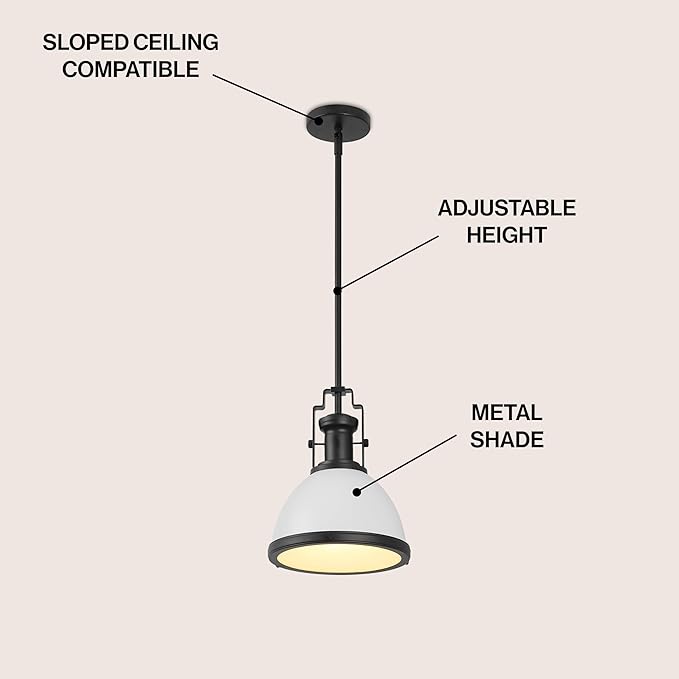 JONATHAN Y 10" Matte Black/White Modern Industrial Iron LED Dome Pendant Light, Adjustable Hanging Fixture for Kitchen Island or Entryway, White Metal Shade, LED Bulb Included (JYL9535E)