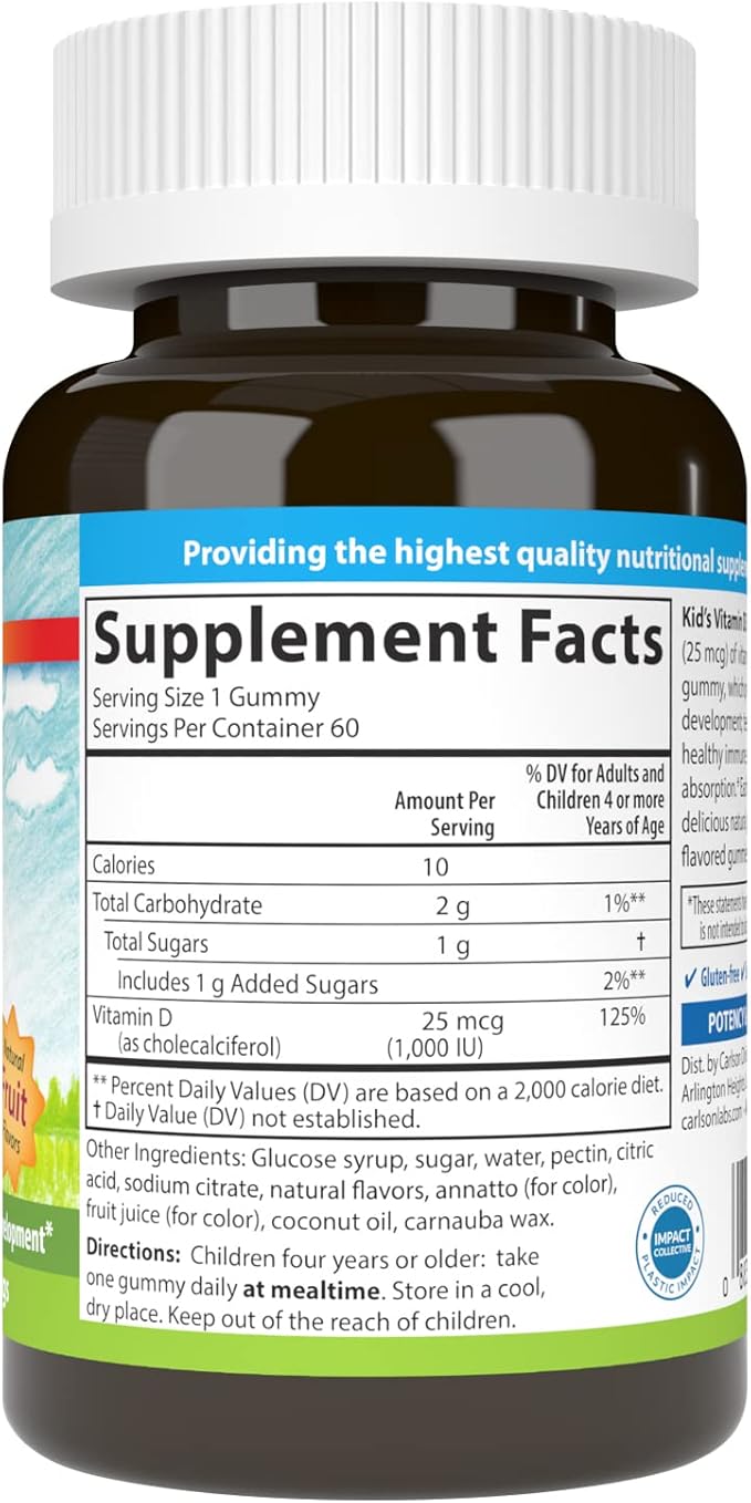 カールソン - キッズビタミンD3グミ、1000IU（25mcg）、骨の健康と免疫サポート、成長と発育、ビタミンDグミ、D3グミビタミン、天然フルーツフレーバー、ベジタリアングミ60粒（2個パック）