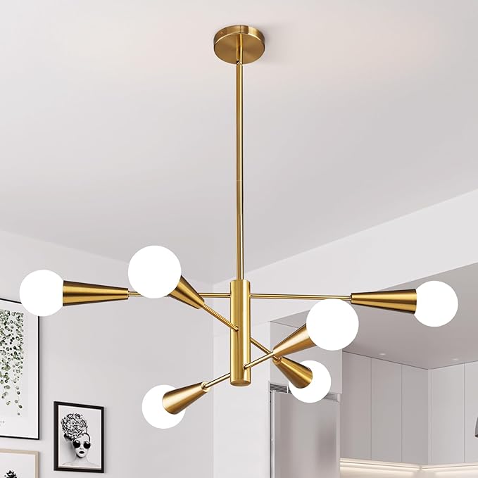 KAISITE Sputnik Chandelier Modern Gold Chandelier 6-Light E26 Mid Century Ceiling Light Fixture Height Adjustable Hanging Pendant Lighting for Dining Room Kitchen Island Bedroom Office