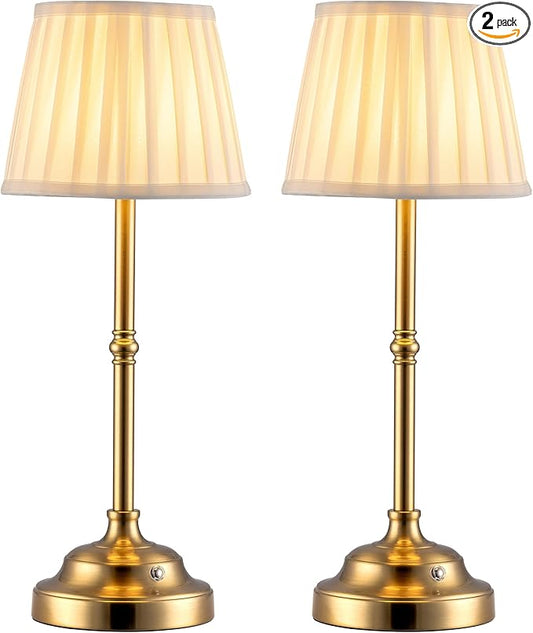 KDG Cordless LED Table Lamp Set of 2, Portables Fabric Shade Desk Lamps, 4000mAh Rechargeable Battery Powered Lighting, Dimmable Light for Dining Room, Bedroom, Bedside, Night Light, Balcony (Gold)