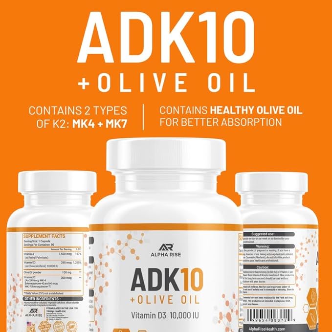 ADK 10 Complément vitaminique + Huile d'olive pour une meilleure absorption - avec Vitamines A + D3 (10 000 UI) + K2 (MK7+MK4) - 90 Capsules - Végétarien - Sans OGM