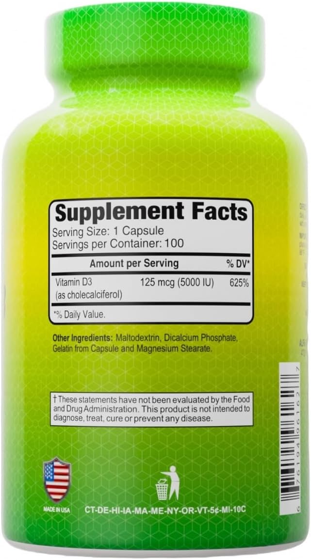 ALFA VITAMINES Vitamine D3 1000 UI, favorise la santé immunitaire, l'absorption du calcium, la santé des os et des articulations, complément alimentaire pour le bien-être quotidien, sans OGM, sans gluten, 100 gélules