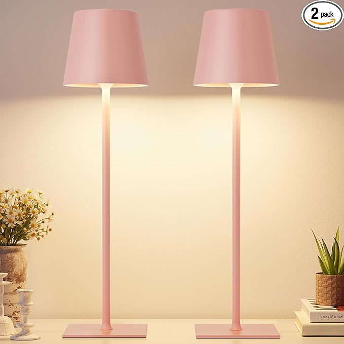 Kakanuo Pink Cordless Rechargeable Table Lamp, 2 Pack Portable Desk Lamp with 5000mAh Battery, Touch Control Stepless Dimming, Wireless Night Light for Dining, Outdoor Camping, Coffee Shop