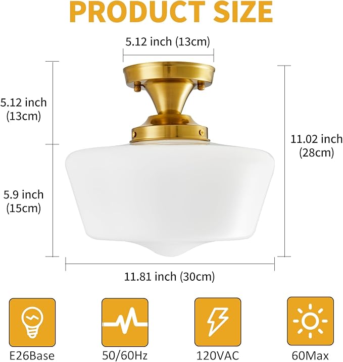 youngrender Semi Flush Mount Ceiling Light, Gold Schoolhouse Milk Glass Light Fixture, Vintage Brass Farmhouse Ceiling Light for Kitchen Hallway Entryway Bedroom Dining Room, E26