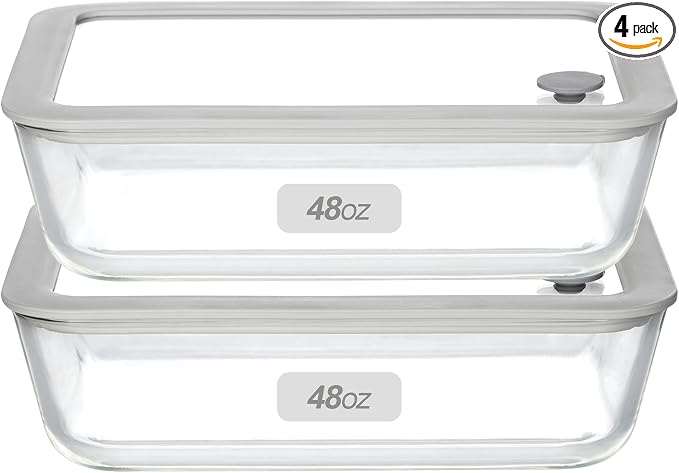 Glass Food Containers with Glass Lid, Microwave Safe Food Storage Container Set, 2 Pack of 48oz, Large Size Meal Prep Storage Set with Airtight Leak Proof Lid.