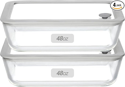Glass Food Containers with Glass Lid, Microwave Safe Food Storage Container Set, 2 Pack of 48oz, Large Size Meal Prep Storage Set with Airtight Leak Proof Lid.