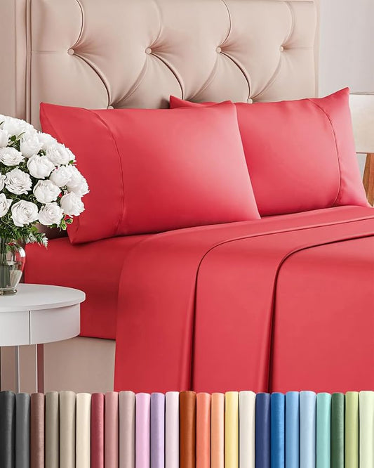 Twin 4 Piece Sheet Set - Comfy Breathable & Cooling - Ultra Soft Hotel Luxury Bedding Set with 8-16 Inch Deep Pockets - 1 Flat & 1 Fitted Sheet & 2 Pillowcases - Cozy, Wrinkle Free & Easy Care - Red