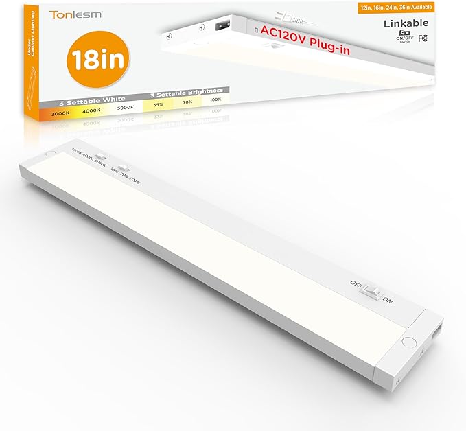 18 Inch Under Cabinet Lighting Plug in, 10W 120V 3 Color 3000K/4000K/5000K, 3 Brightness, Super Bright, Ultra Thin Under Counter Lights for Kitchen, Linkable LED Cabinet Light, White