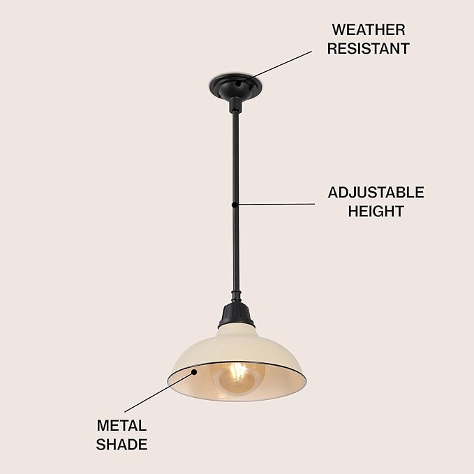 JONATHAN Y 12.25" Matte Almond 1-Light Farmhouse Indoor/Outdoor LED Pendant Iron Hanging Light, and Black Metal Shade, Rustic Ceiling Lamp for Kitchen Island, LED Bulb Included (JYL7611J)