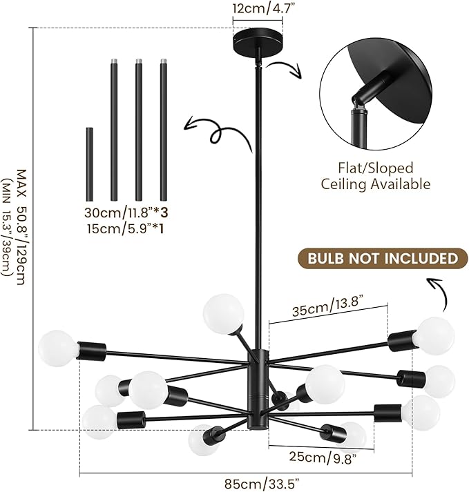 KAISITE Modern Sputnik Chandelier - 12-Light Black Farmhouse Ceiling Light Fixture for Dining Room, Kitchen, Living Room