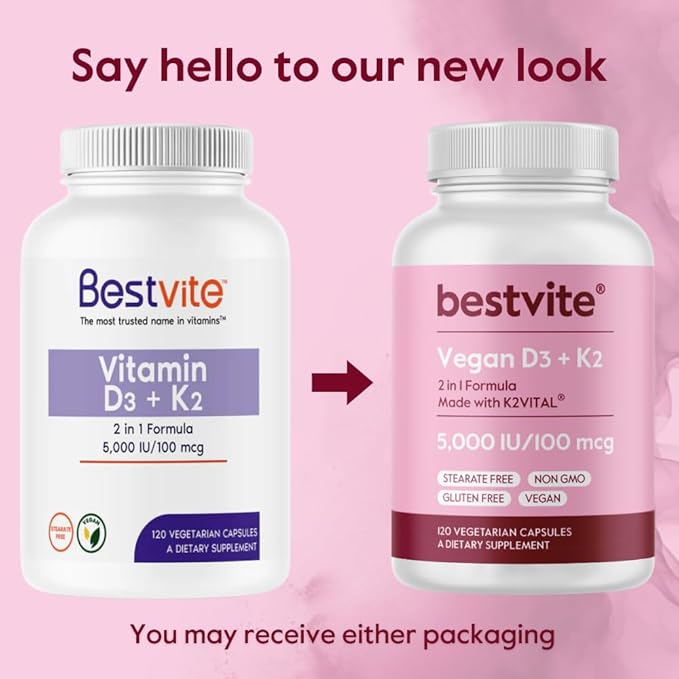 BESTVITE ヴィーガン ビタミンD3 5000 IU + ビタミンK2 100mcg MK-7 (ベジタリアンカプセル120粒) - ステアリン酸塩不使用 - ヴィーガン - 非遺伝子組み換え - グルテンフリー