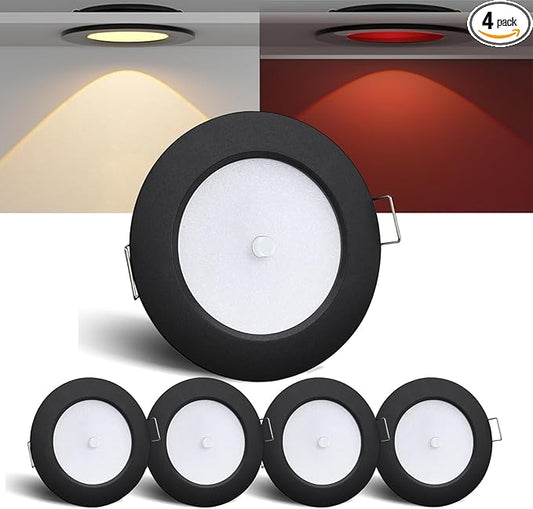 3" LED 12V Push Lights Built-in Switch Interior Bi-Color 12 Volt Red LED Puck Light Full Aluminum RV Dimmable Flush Mount Light for Camper, Boat, Trailer 4Pcs (Black, Warm White)