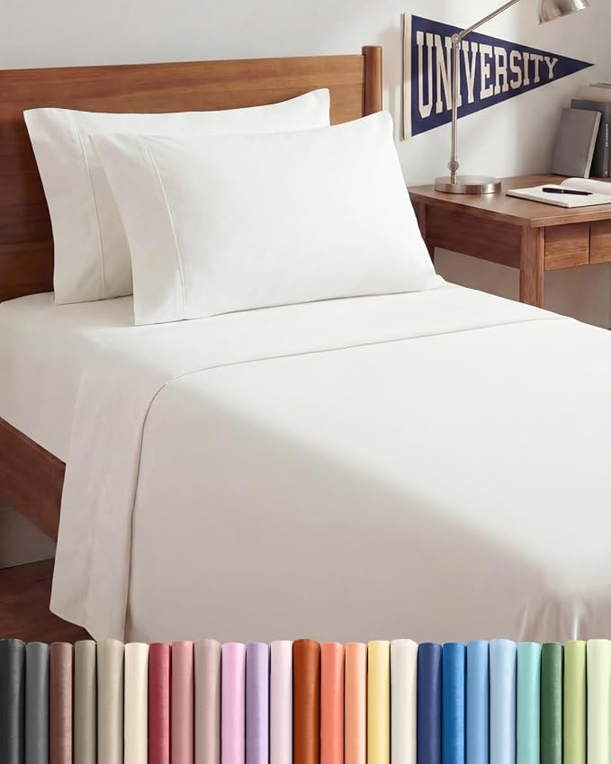 Twin XL 4 Piece Sheet Set - Comfy Breathable & Cooling - Soft Hotel Luxury Bedding Set with 8-16 Inch Deep Pockets - 1 Flat & 1 Fitted Sheet & 2 Pillowcases - Wrinkle Free & Easy Care - Antique White