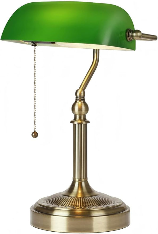 Glass Bankers Desk Lamp with Pull Chain Switch Plug in Fixture (Green-Simple, Simple Style)