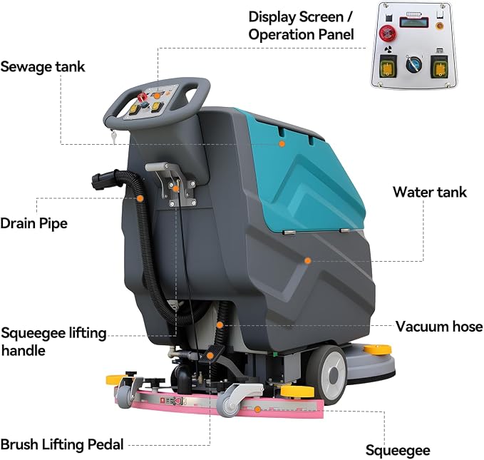 Walk-behind Floor Scrubber Machine, 22" Cleaning Width, 31.5" Suction Width, 18.5-gal Sewage Tank, 15.9-Clear water tank, 32000 Sqft/h, Complete Set of Parts