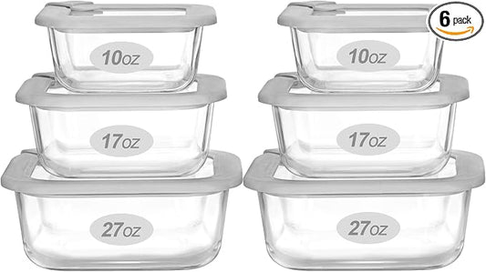 Glass Food Containers with Glass Lid, Microwave Safe Food Storage Container Set, 6 Pack Square Shape, Large Size Airtight Storage Set with Leak Proof Lids, Meal Prep Containers