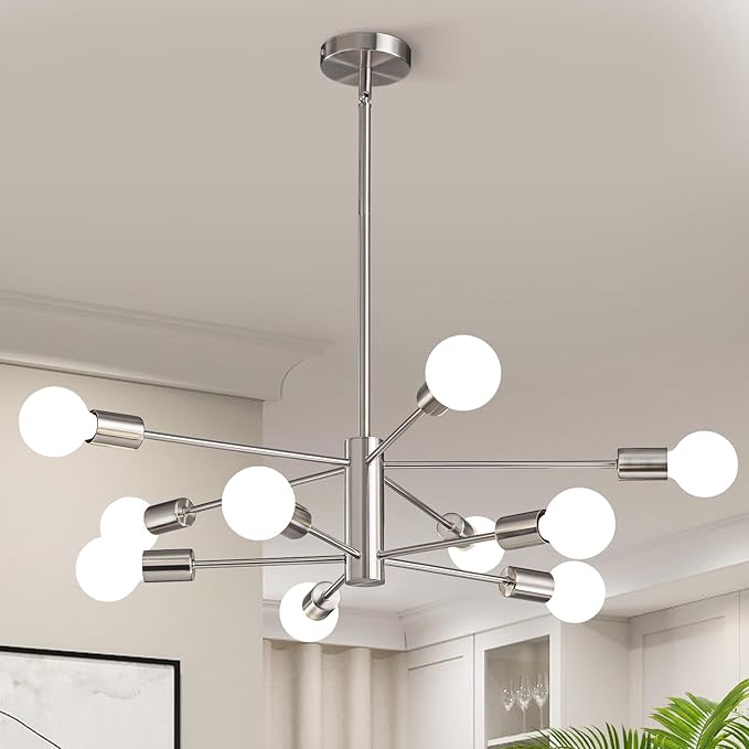 KAISITE Modern Chandelier Light Fixture Brushed Nickel Sputnik Chandelier 10-Light Farmhouse Chandelier for Dining Room Over Table Height Adjustable Kitchen Living Room Ceiling Hanging Light Fixture