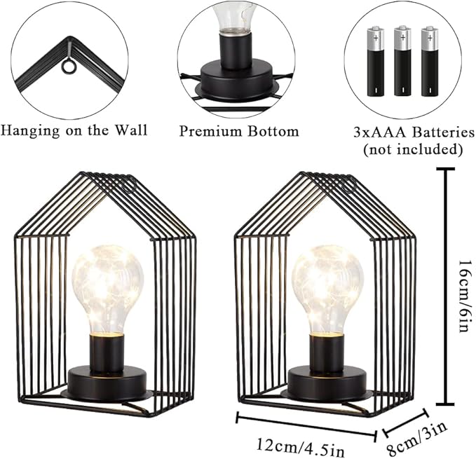 JHY DESIGN Set of 2 Battery Operated Wall Sconce 7''H Metal Wall Mount Lamp with 6-Hour Timer and Fairy Lights Bulb Table Lamp Wall Decor for Bedroom Living Room Hallway Stairway(House Shape)