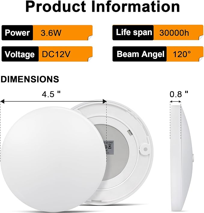 acegoo 12V LED Ceiling Dome Light, RV Interior Puck Light, 12 Volt Overhead Panel Light for Motorhome Travel Trailer Camper Van Boat, CRI 90+ Surface Mount DC 12V 6-Pack (3000K Warm White)