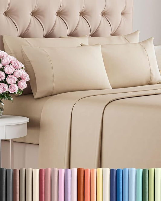 Full 6 Piece Sheet Set - Comfy Breathable & Cooling - Ultra Soft Hotel Luxury Bedding Set with 8-16 Inch Deep Pockets - 1 Flat & 1 Fitted Sheet & 4 Pillowcases - Cozy, Wrinkle Free & Easy Care - Cream