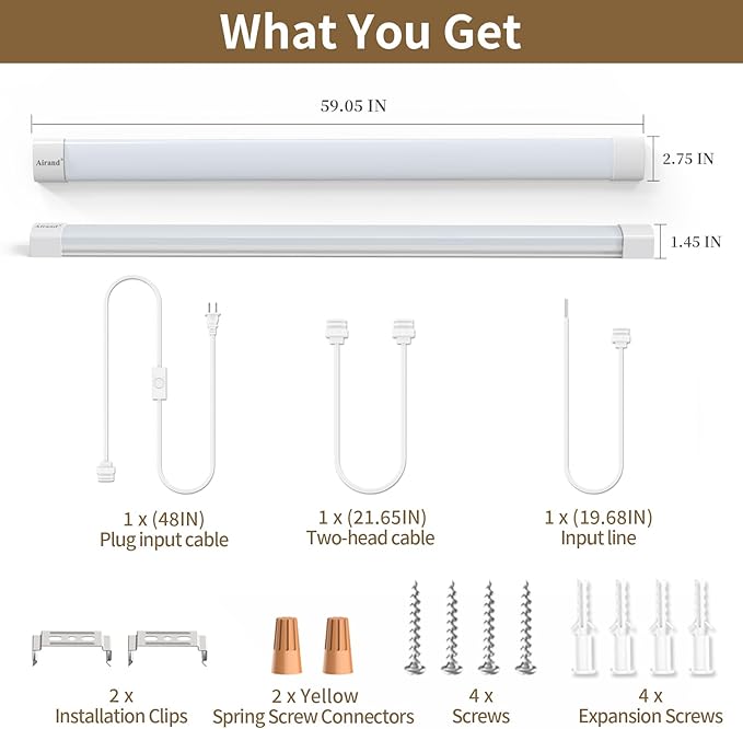 Airand Linkable Led Garage Light 5FT Shop Lighting Fixture with Plug in Cord, LED Closet Lights 5000K Under Cabinet Lighting Tube Lights 45W for Kitchen Bathroom Workbench with ON/Off Switch
