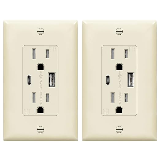 TOPGREENER 2-Port USB Outlet, Type C USB Wall Outlet, 15 Amp TR Receptacle Plug, Charging Power Outlet with USB Ports, Wall Plate Included, TU21536AC-LA-2PCS, Light Almond, 2 Pack