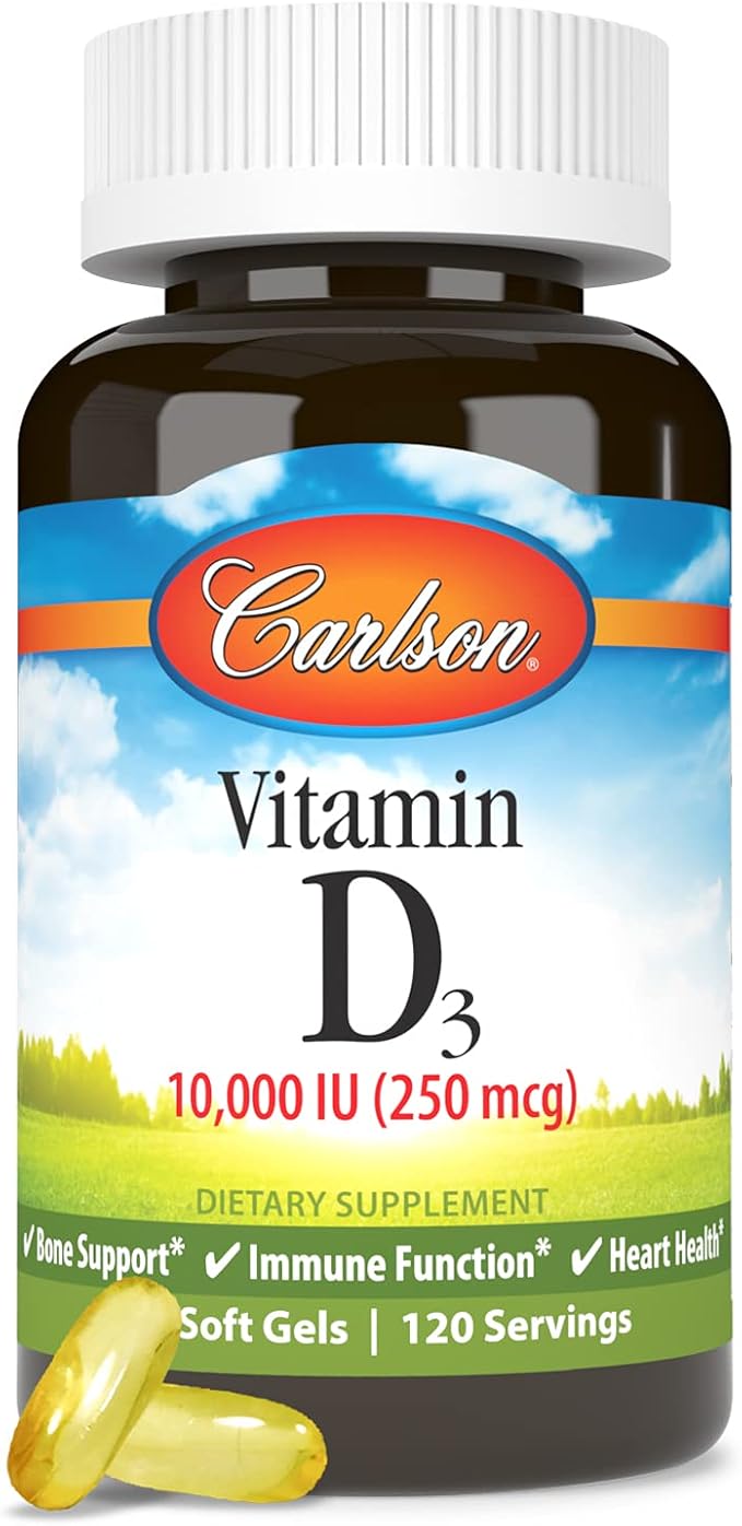 Carlson - Vitamine D3, 10 000 UI (250 mcg), Suppléments de Vitamine D, Soutien Osseux & Immunitaire, Gélules de Vitamine D3, Santé Cardiaque, Capsules de Vitamine D sans Gluten, 120 Gélules